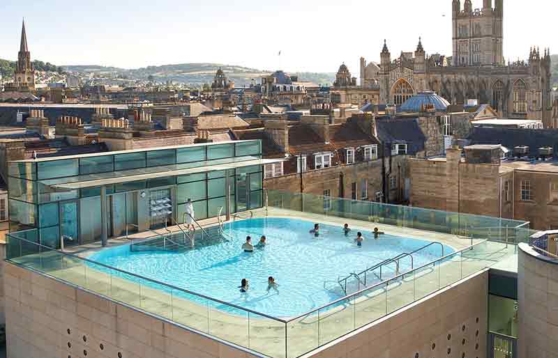 Thermae Spa Bathers in the open-air rooftop pool.